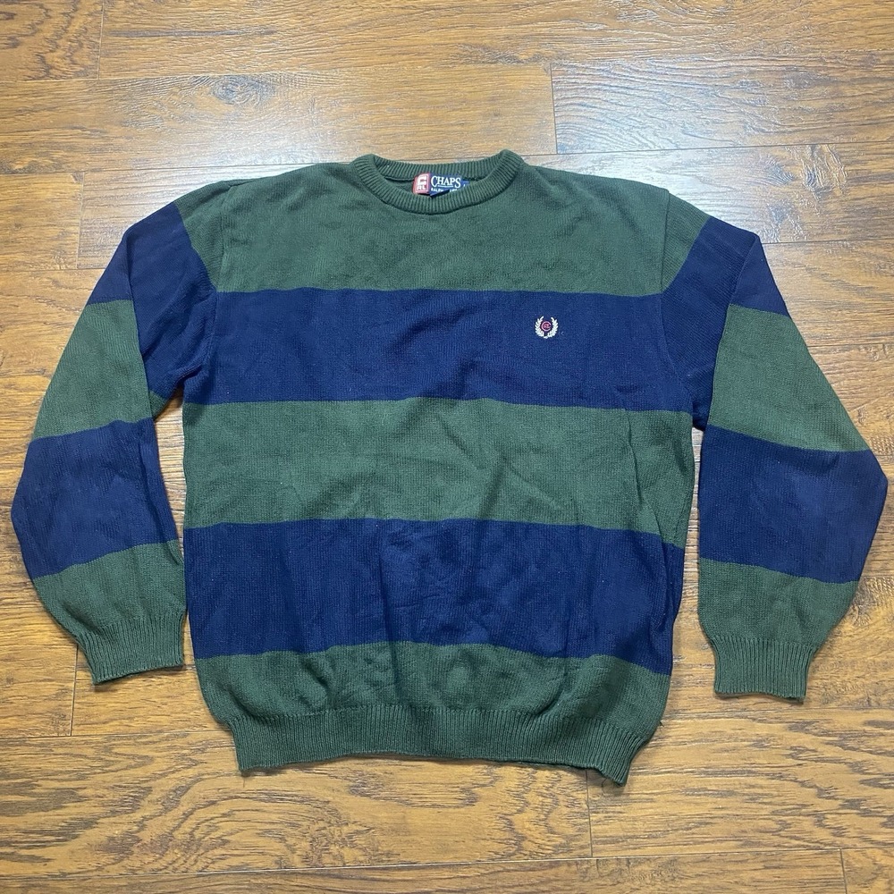 Chaps Ralph Lauren Sweater Large Navy Green Striped Vintage 90s Cotton Crewneck